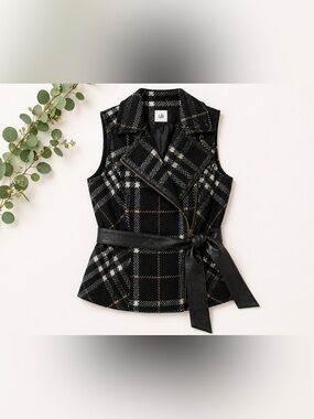 Cabi Plaid Moto Vest | Wool Blend Belted Jacket Chic Layering Piece